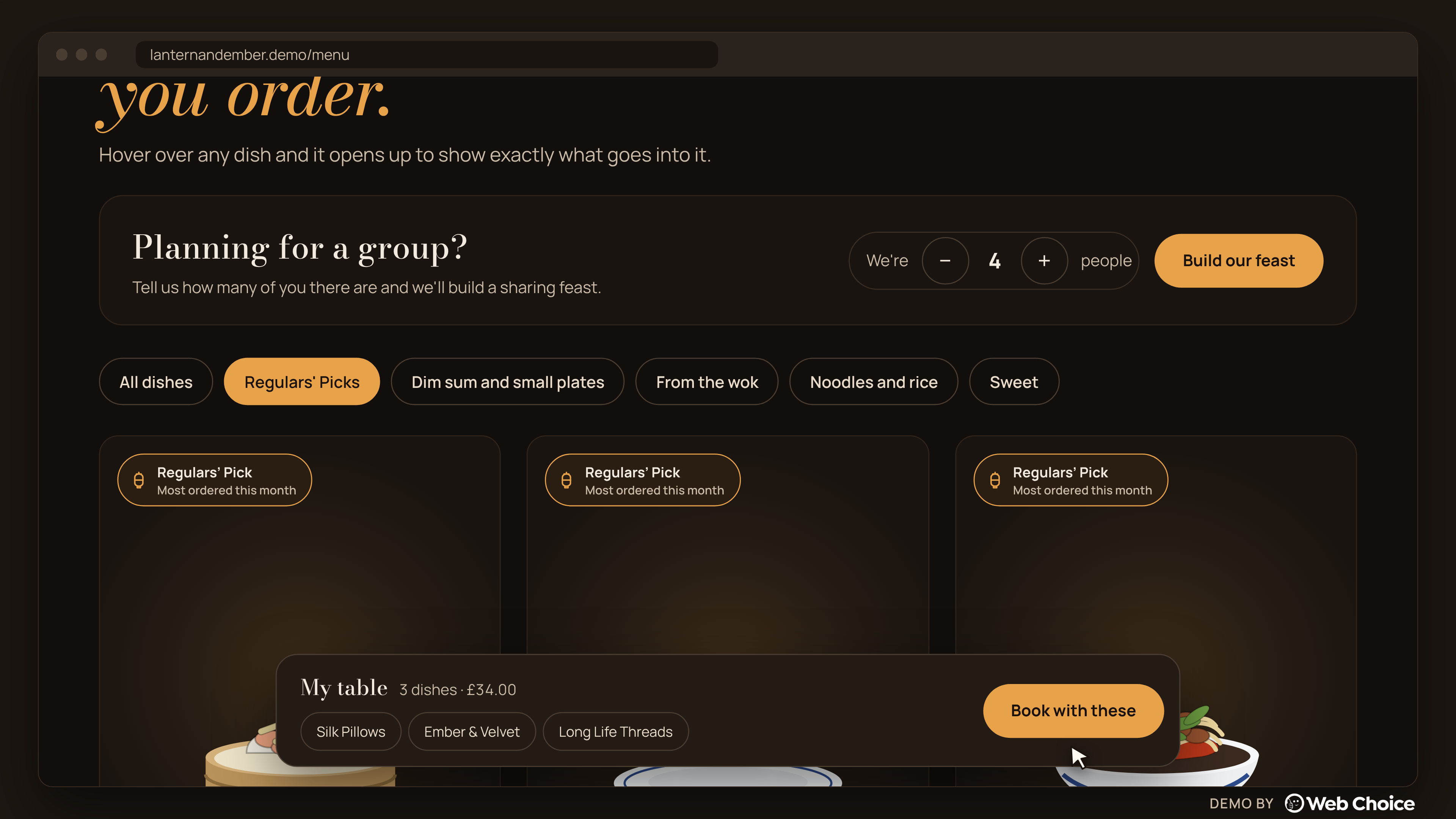 Restaurant menu filtered to Regulars' Picks, with each dish badged 'Most ordered this month' and a group size picker above