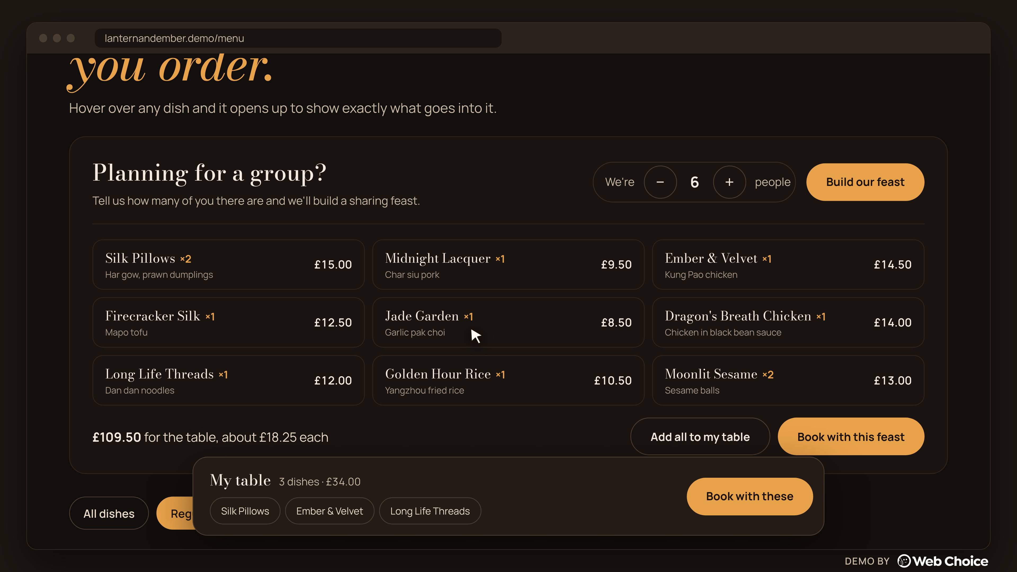 Feast planner for six people showing a suggested sharing menu of nine dishes, £109.50 for the table, about £18.25 each