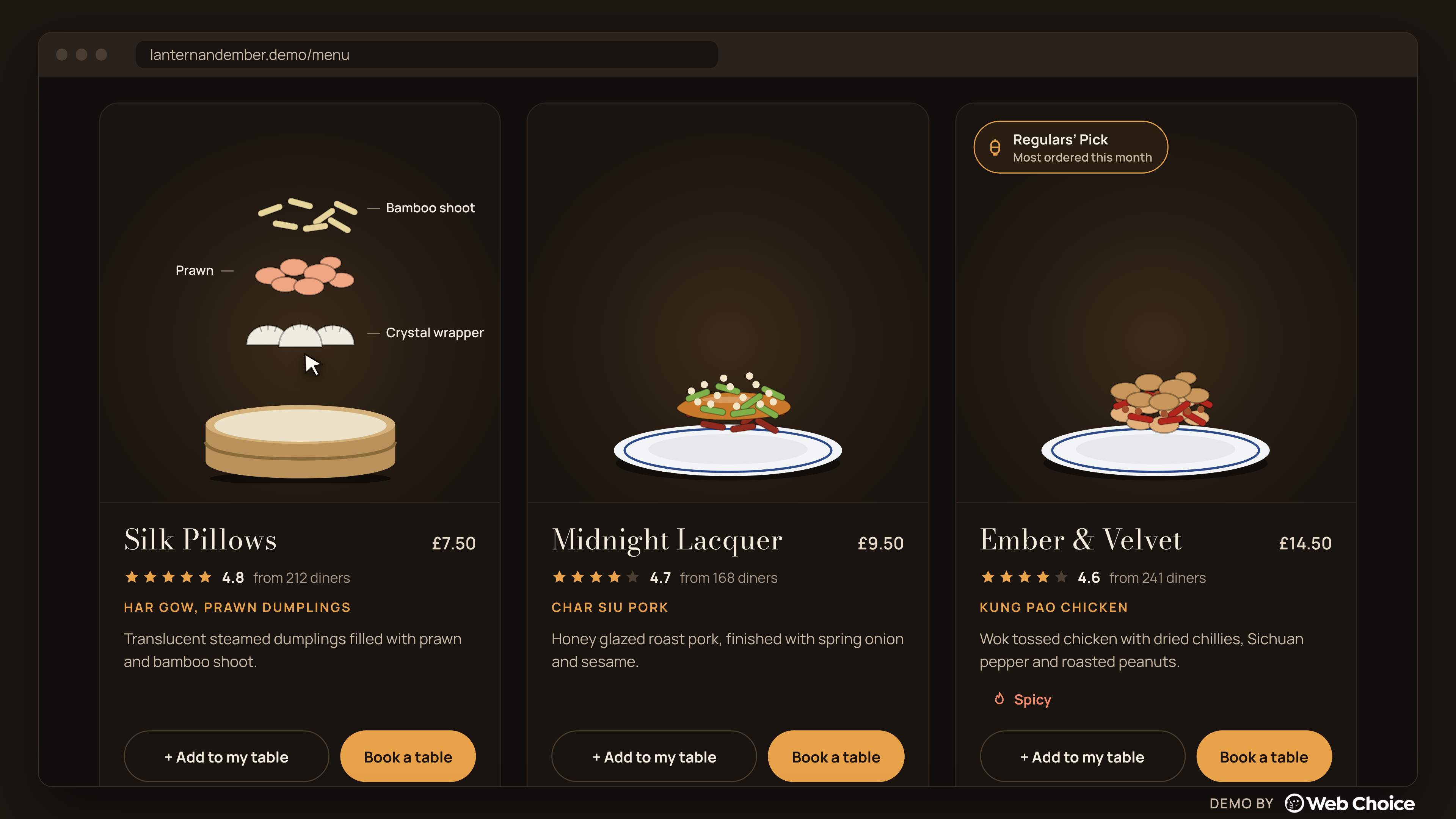 Restaurant menu cards where hovering over a dish splits it into labelled ingredients such as prawn, bamboo shoot and crystal wrapper
