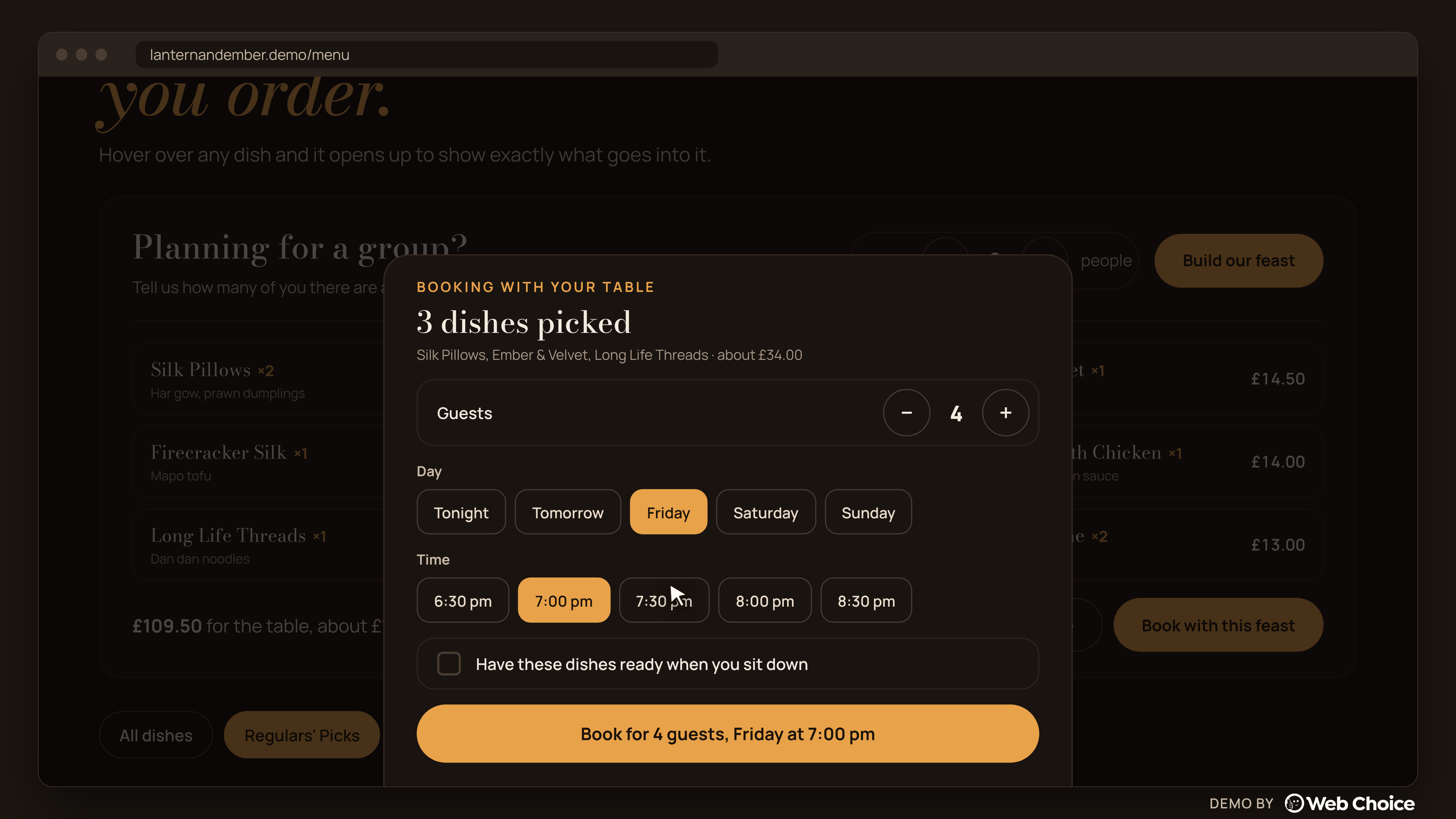 Restaurant booking sheet showing 3 dishes picked, guests, day and time options and a 'Have these dishes ready when you sit down' option