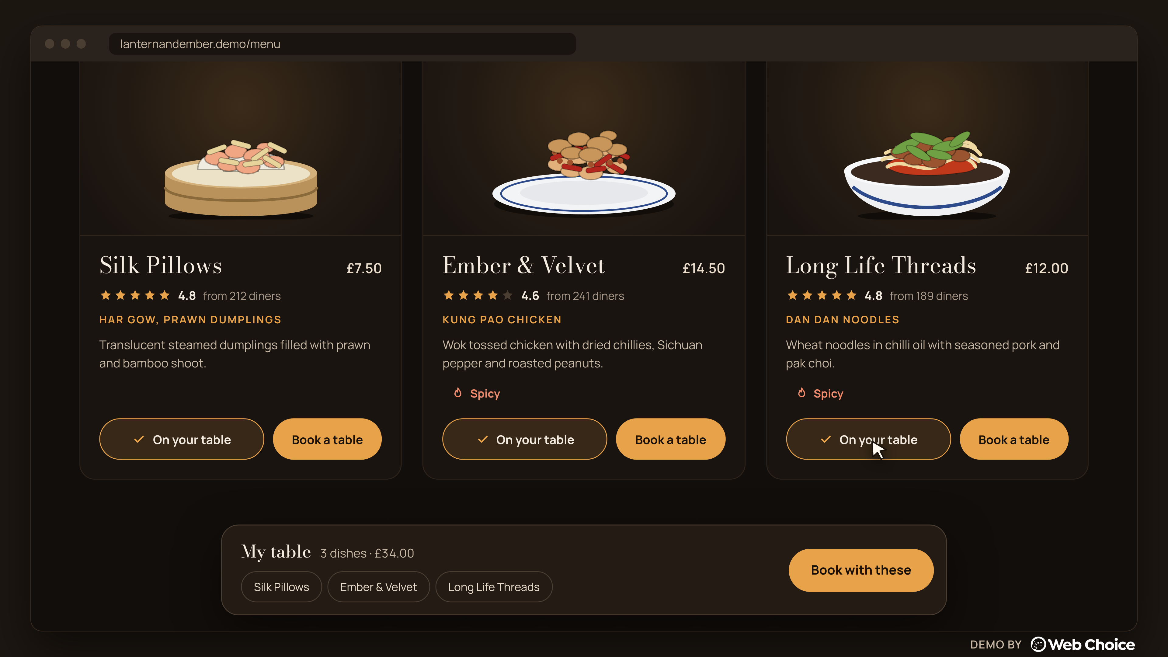Three dishes marked 'On your table' with a My table tray at the bottom showing 3 dishes and £34.00