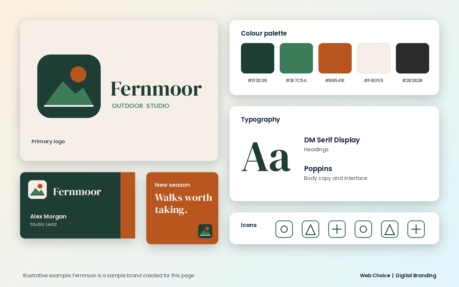 Example digital branding brand board showing a sample logo, colour palette, typography, business card, social post and icon set