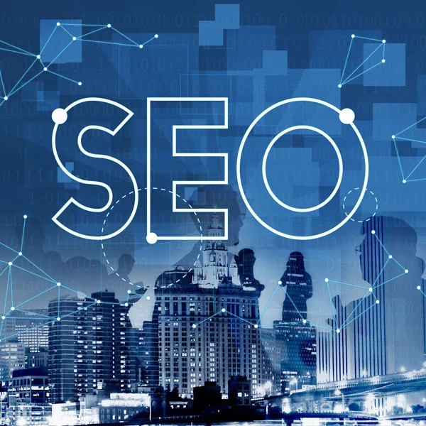 SEO lettering over a connected city skyline representing enterprise-scale search