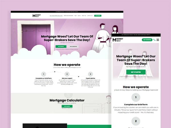 Money Nest website with mortgage calculators, shown on desktop and mobile