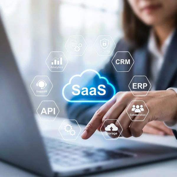 A hand touching a SaaS cloud icon surrounded by analytics, CRM, API, support and storage icons