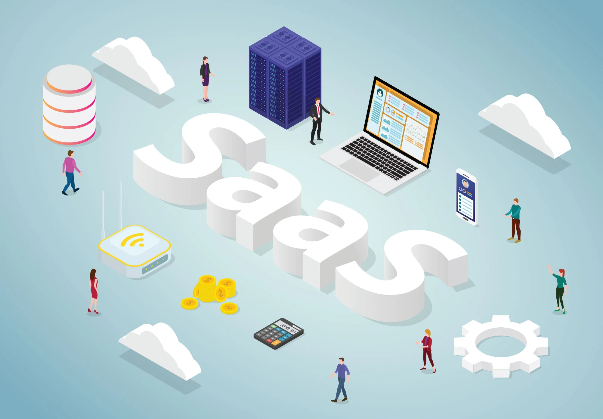 SaaS illustration: cloud servers, a laptop dashboard, a mobile app, subscription billing and users connected to one software as a service platform