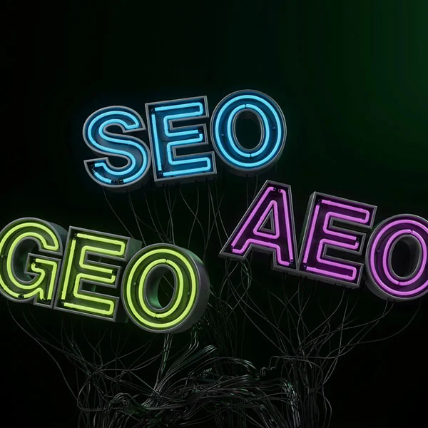 Neon SEO, AEO and GEO signs representing search, answer engine and generative engine optimisation