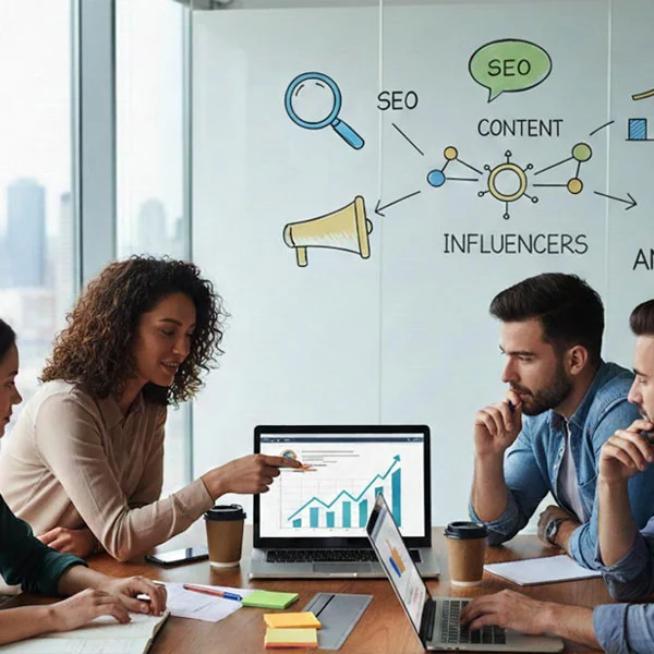 A startup team reviewing a growth chart on a laptop in front of an SEO and content strategy whiteboard