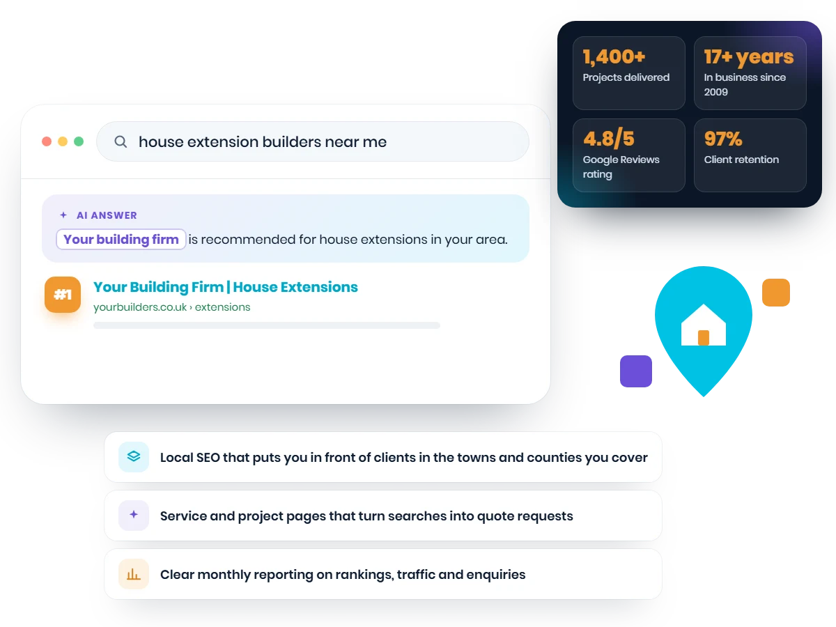 SEO for construction companies: a builder ranking first on Google and in Google Maps, with Web Choice stats and three reasons to choose us