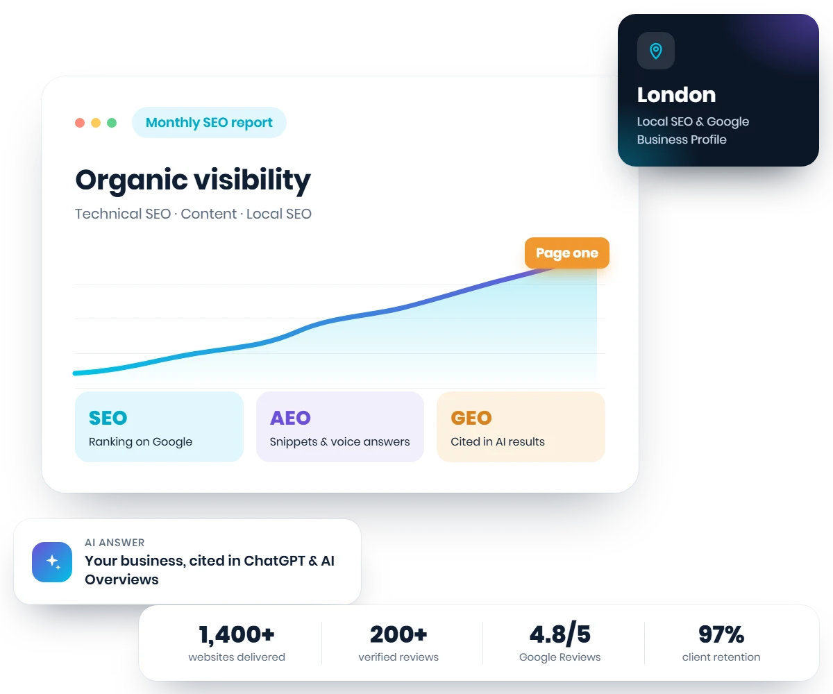 Monthly SEO report showing organic visibility rising to page one, with SEO, AEO and GEO, London Local SEO and an AI answer citing your business