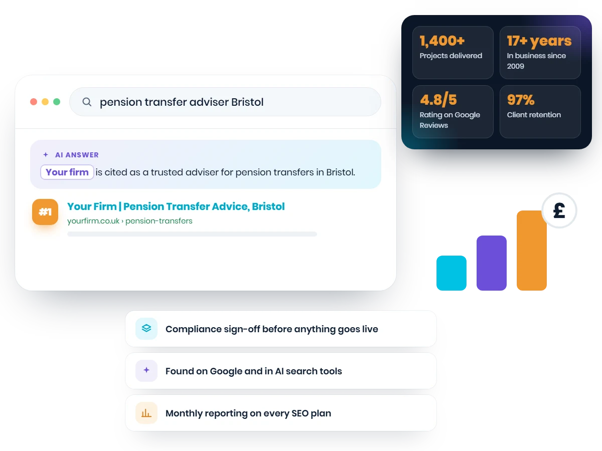 SEO for financial services: a financial firm ranking first and cited in an AI answer, with Web Choice stats