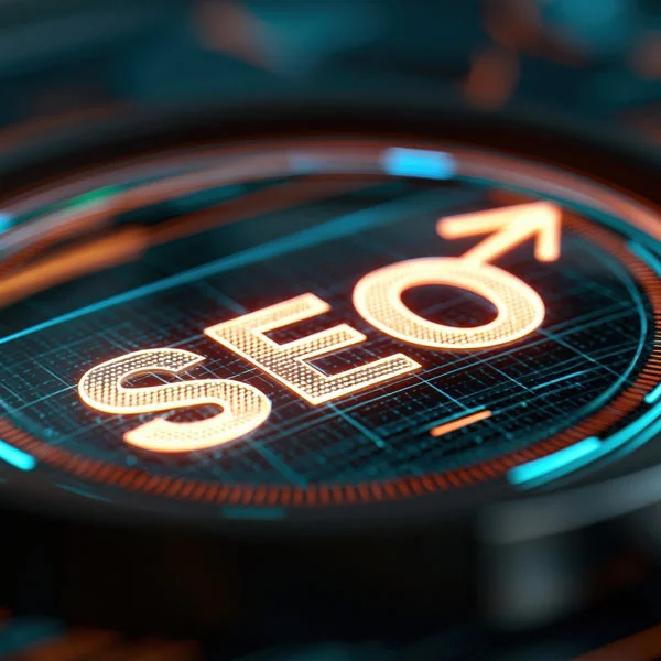 Glowing SEO lettering with an upward arrow on a digital dashboard