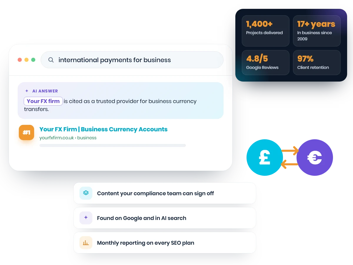 SEO for FX companies: an FX provider ranking first and cited in an AI answer, with Web Choice stats