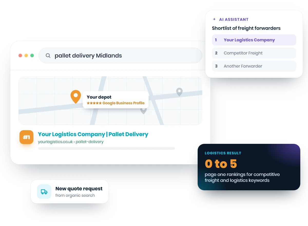 Logistics SEO illustration: a search for pallet delivery Midlands with your depot on Google Maps and your logistics company ranked first, an AI assistant shortlisting it, a 0 to 5 page one rankings result and a new quote request from organic search