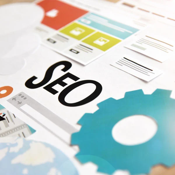 SEO lettering with a gear, browser window and web page layout illustrations