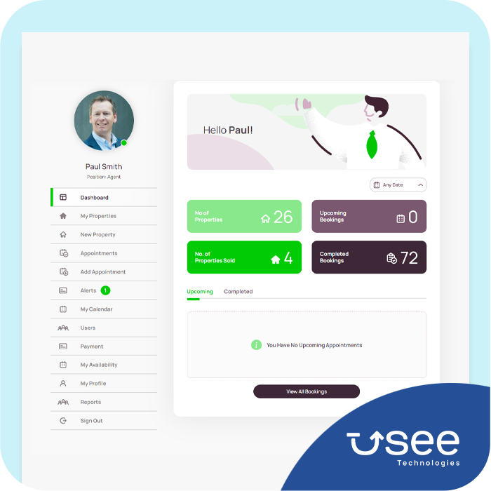 USee Technologies property platform dashboard showing agent bookings and listings
